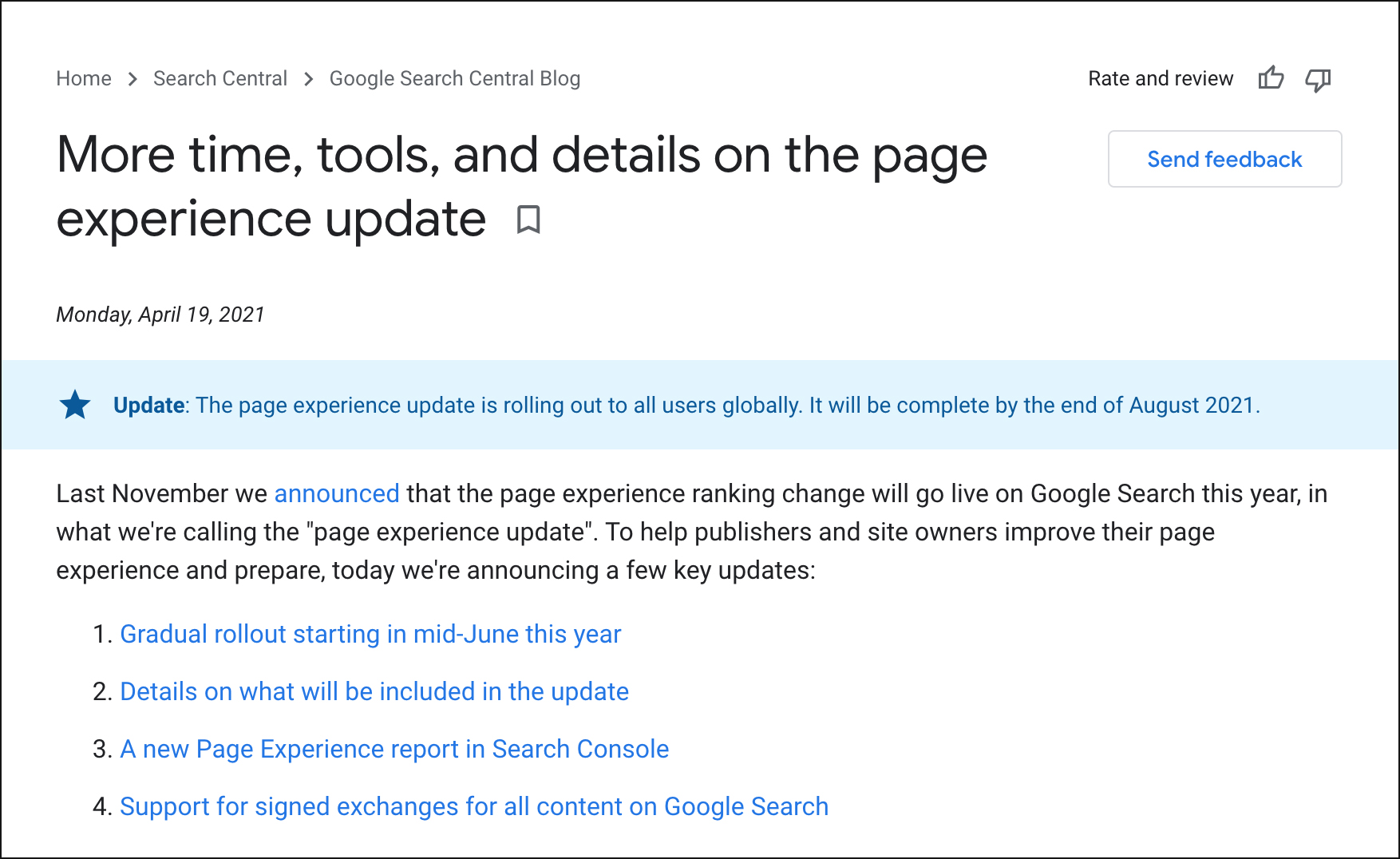 Screenshot of Google Describing the Page Experience